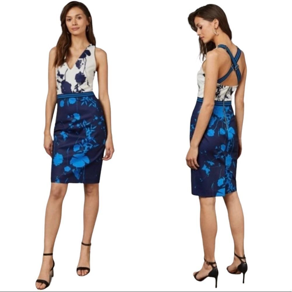 TED Baker Bodycon Dress Asymmetric Bluebell Criss Cross Back Fitted Size 2 NWT
